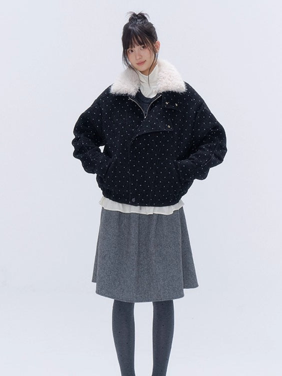 Fur Collar Polka Dot Quilted Jacket