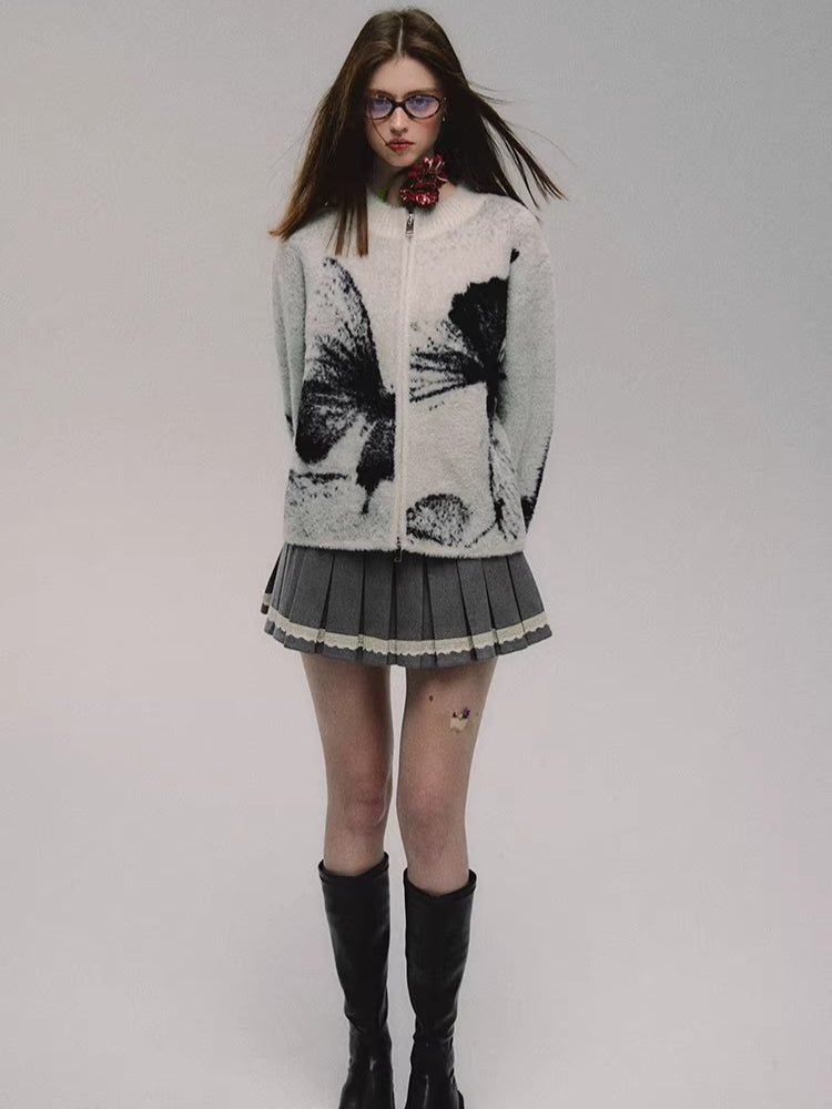 Double-Zip Jacquard Knit Cardigan