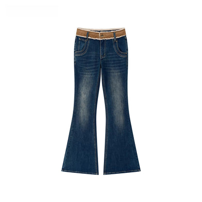 Contrast Panel Faux Fur Waist  Flare Jeans