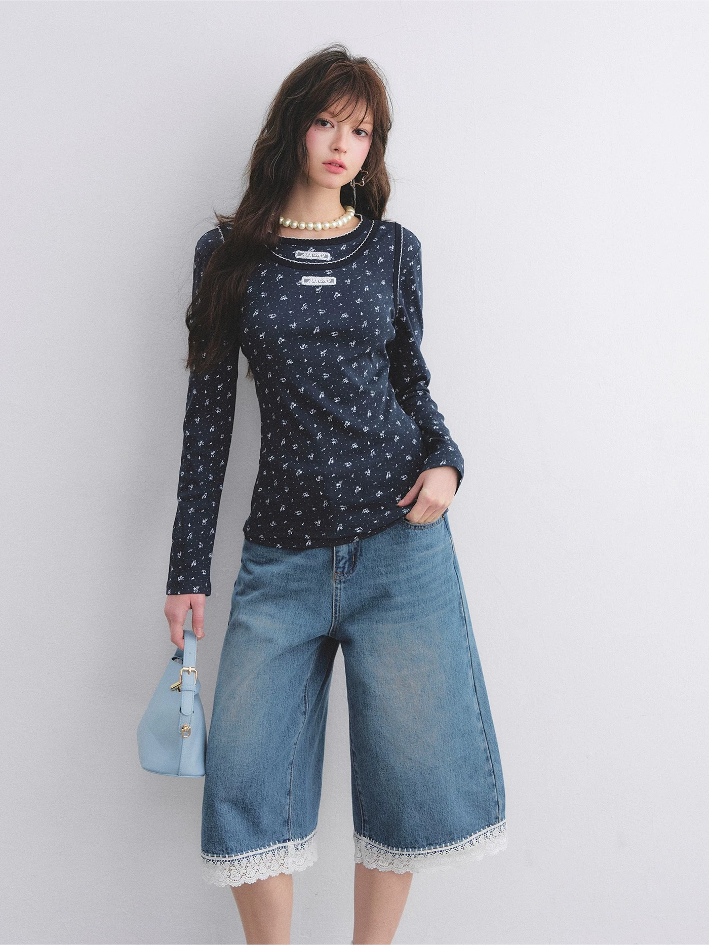 Vintage Floral Trim Long Sleeve Layered Top Set