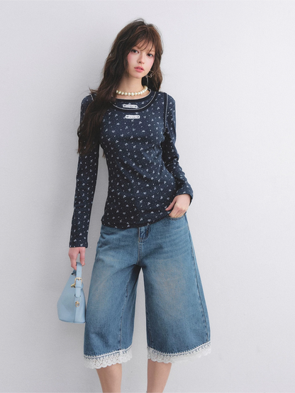 Vintage Floral Trim Long Sleeve Layered Top Set