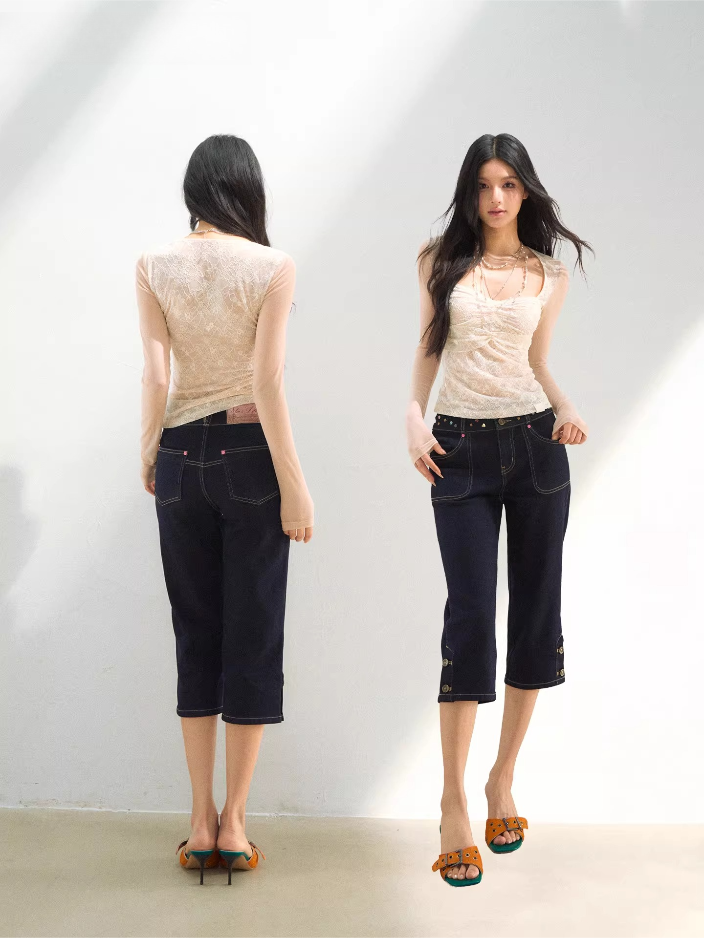 Lace Mesh Ruched Long Sleeve T-Shirts