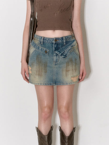 Denim Blue Distressed A-line Skirt