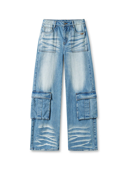 Washed Twill Denim Whisker Wide-leg Jeans - CHINASQUAD
