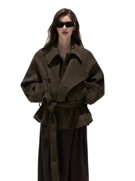 Waist-Defining Silhouette Stand-Collar Wool Coat