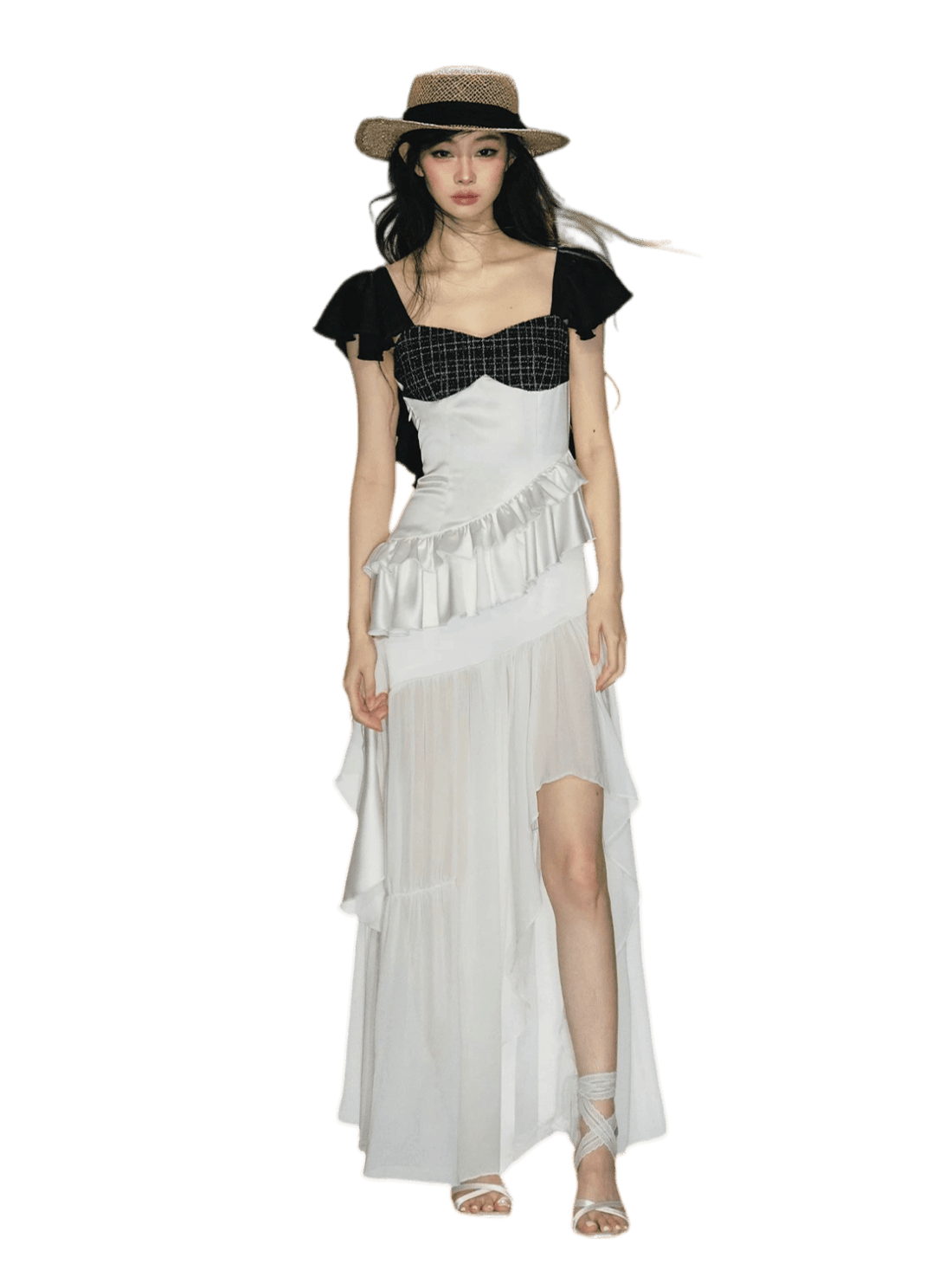 Contrast Tweed Satin Patchwork Maxi Dress