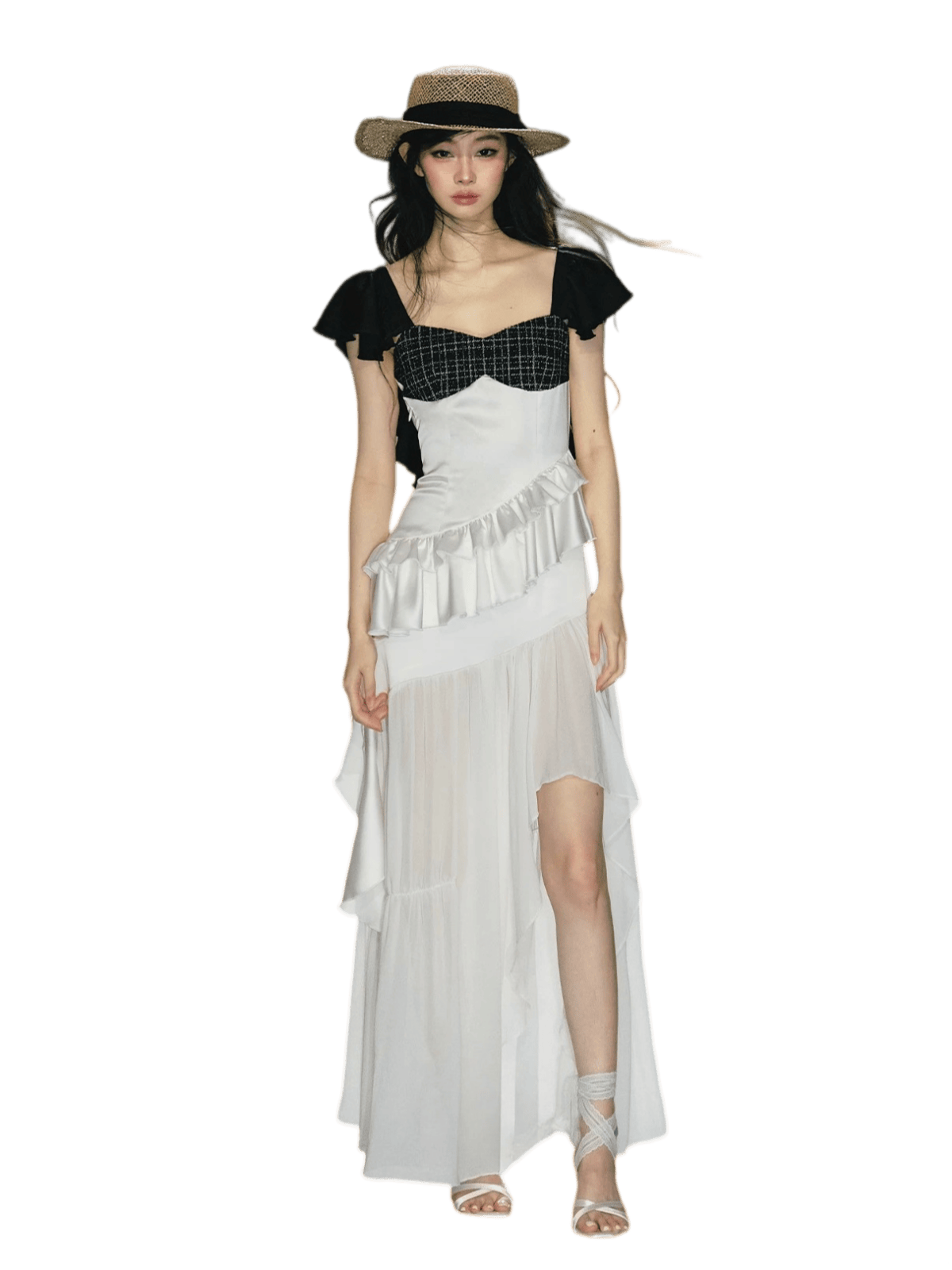 Contrast Tweed Satin Patchwork Maxi Dress