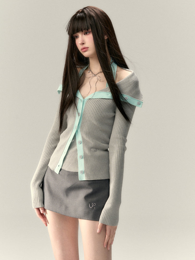 Color-Block Large-Collar Knitted Cardigan