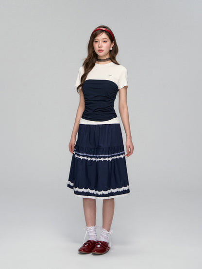 Lace-Trim A-line Midi Skirt