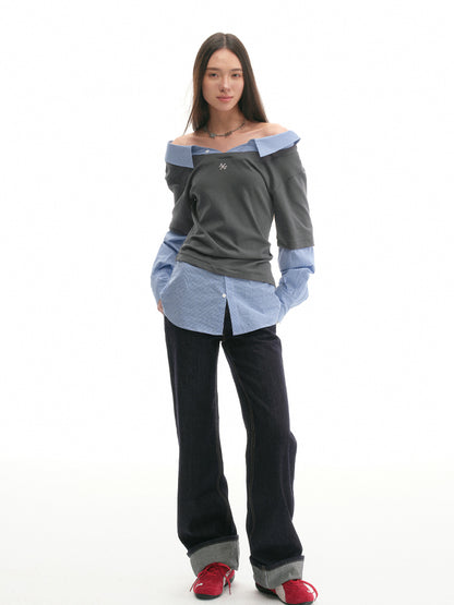 Off-shoulder Slimming Shirt Patchwork T-shirt