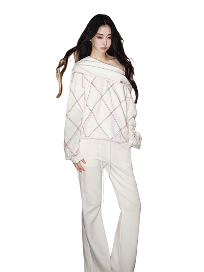 Off-Shoulder Sweatshirt &amp; Flared Wide-Leg Sweatpants Set