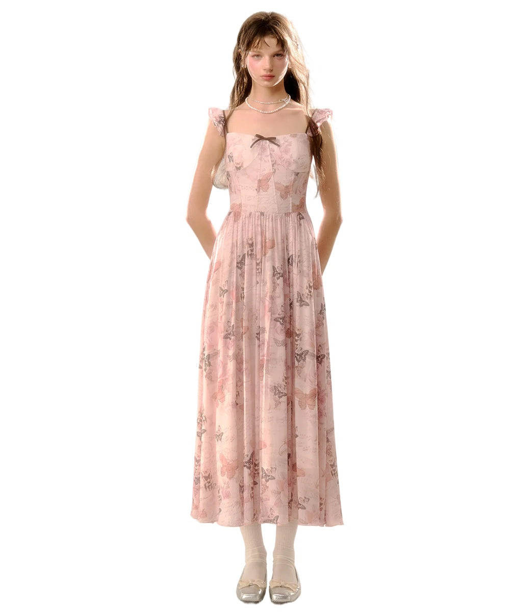 Pink Butterfly Print Square Neckline Dress