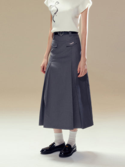 Gray A-line Pleated Suit Skirt - CHINASQUAD