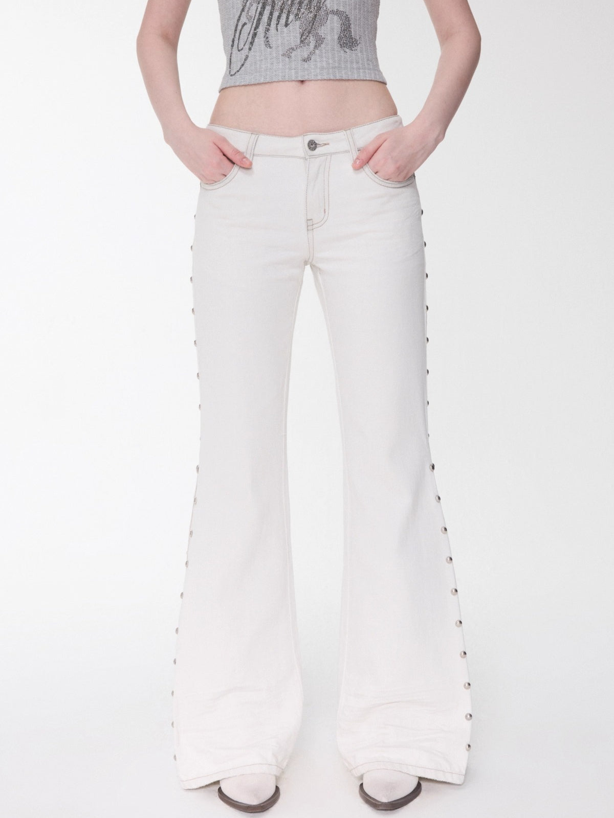 Studded Cat-Whisker Flared Denim Pants