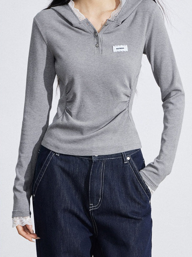 Lace Hooded Slim-Fit Long Sleeve T-Shirt