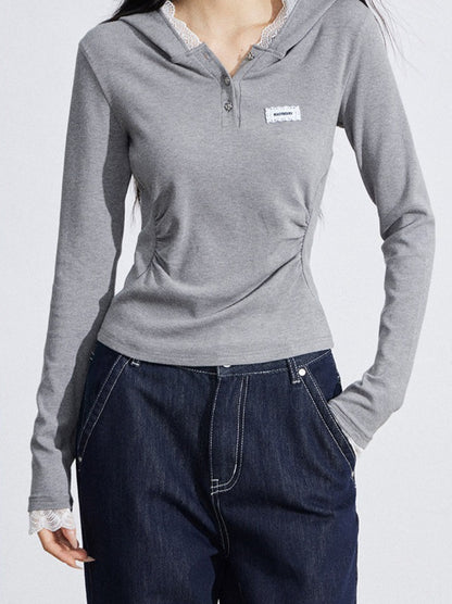 Lace Hooded Slim-Fit Long Sleeve T-Shirt