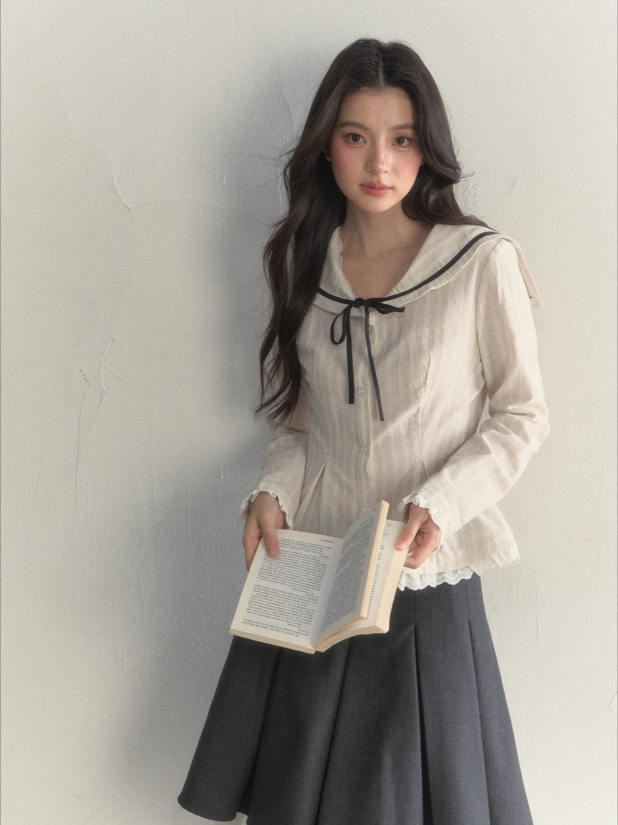 Nautical Texture Beige Fitted Blouse