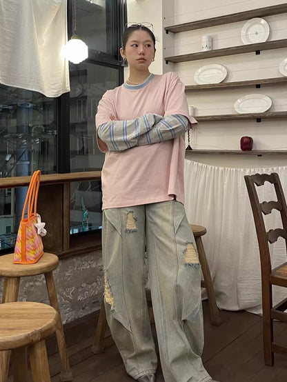 Contrast-Neck Relaxed Patchwork Cotton T-Shirt