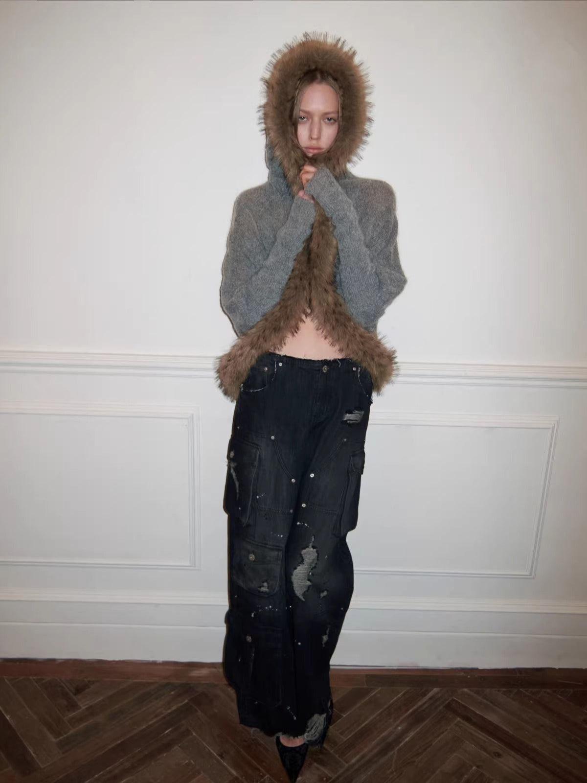 Vintage Mohair-Blend Fur-Trim Knit Cardigan