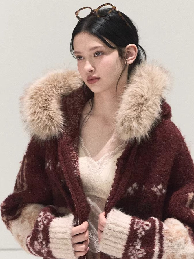 Detachable Fur-Collar Wool Hooded Cardigan
