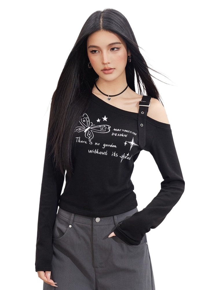 Butterfly Cold-Shoulder Long-Sleeve T-shirt