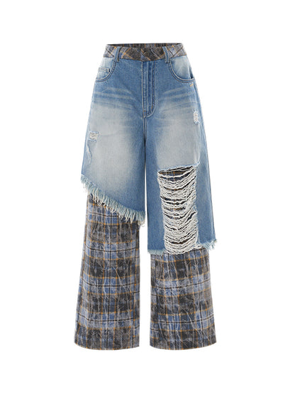 Dual-Layer Plaid Denim Pants