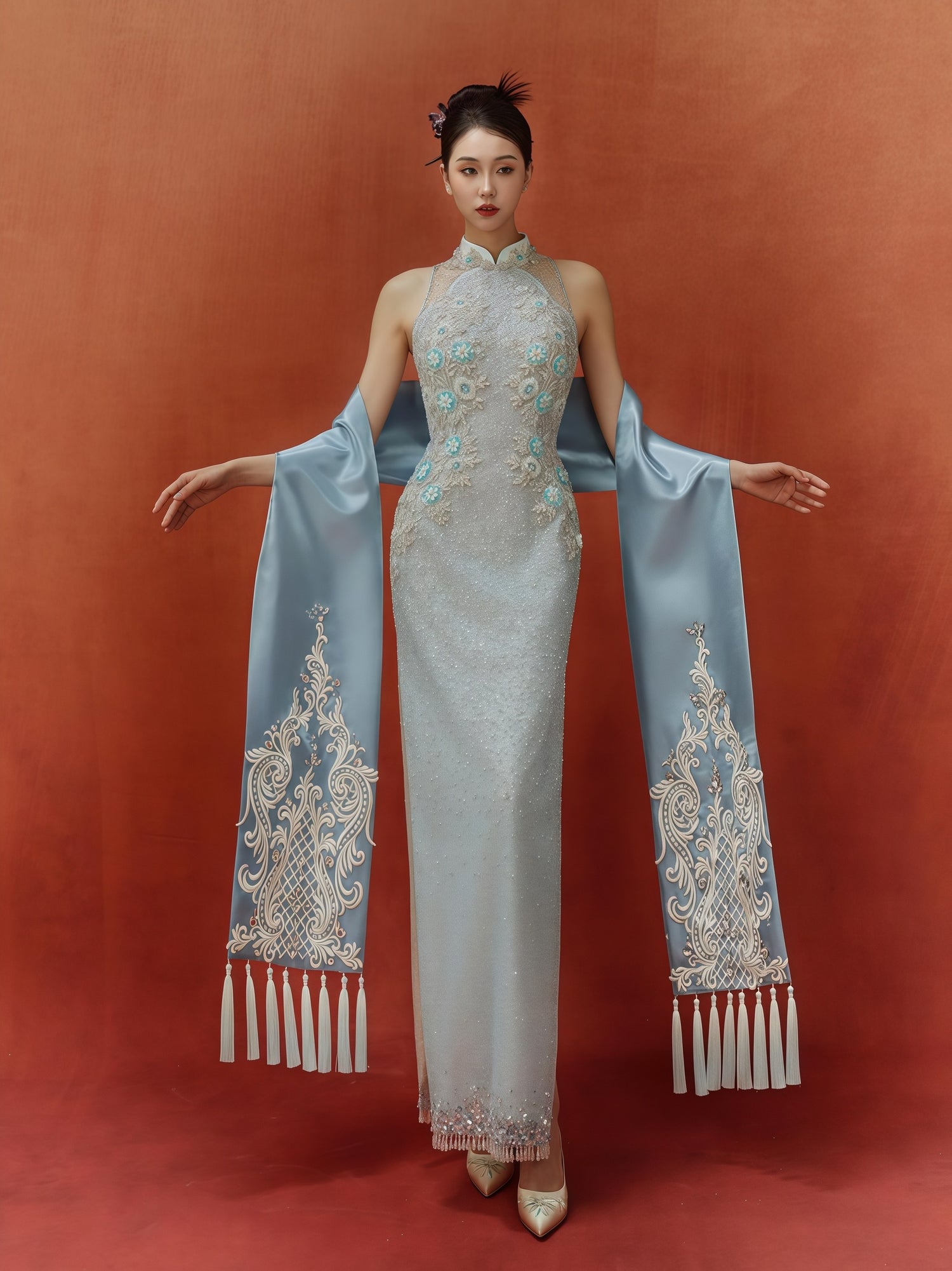Ice Blue Embellished Halter Cheongsam Gown with Oversized Bow Train