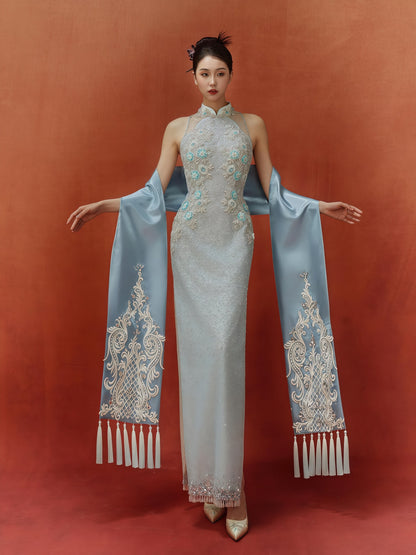 Ice Blue Embellished Halter Cheongsam Gown with Oversized Bow Train