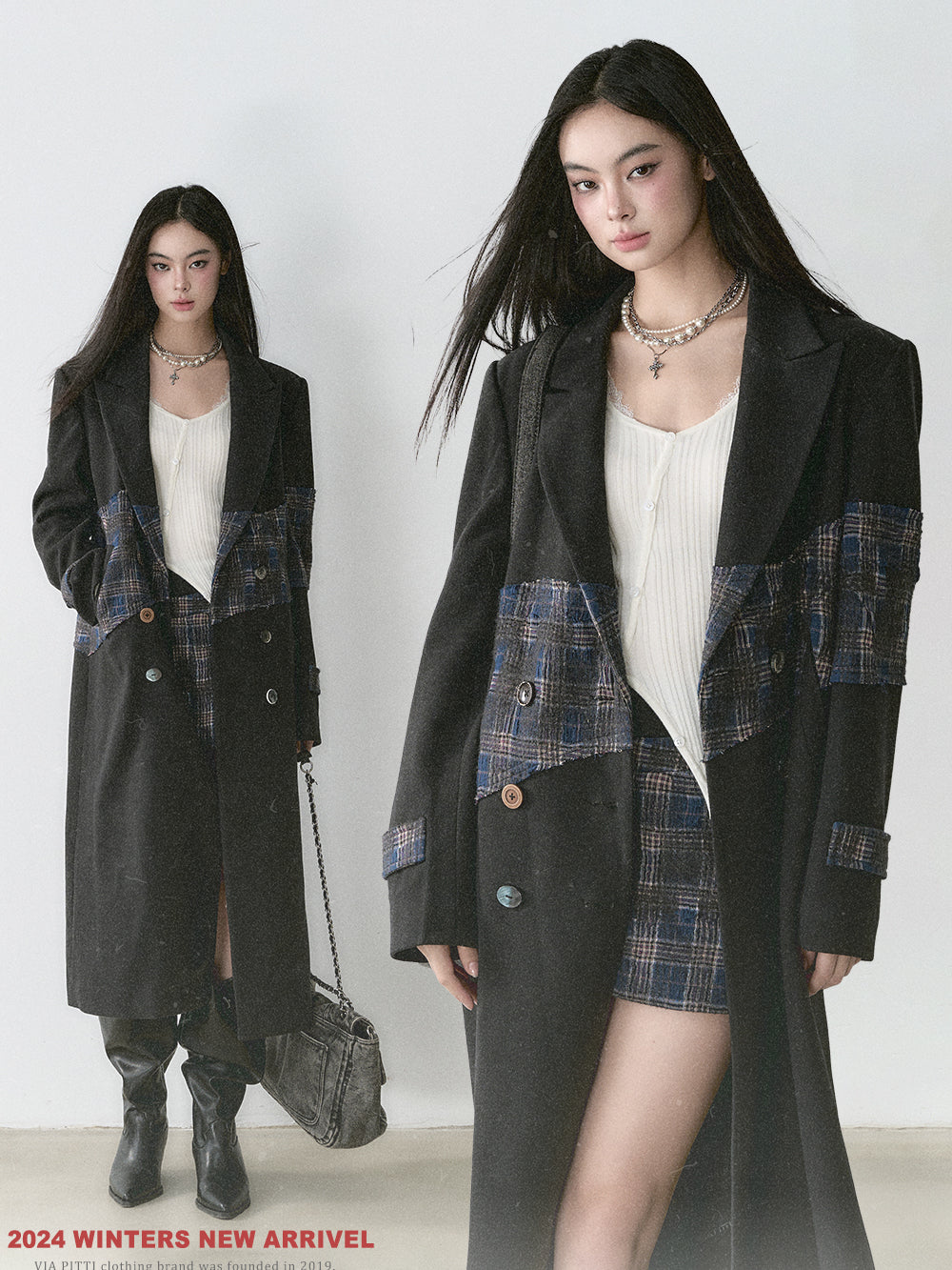 Wool Blend Plaid Patchwork French Coat