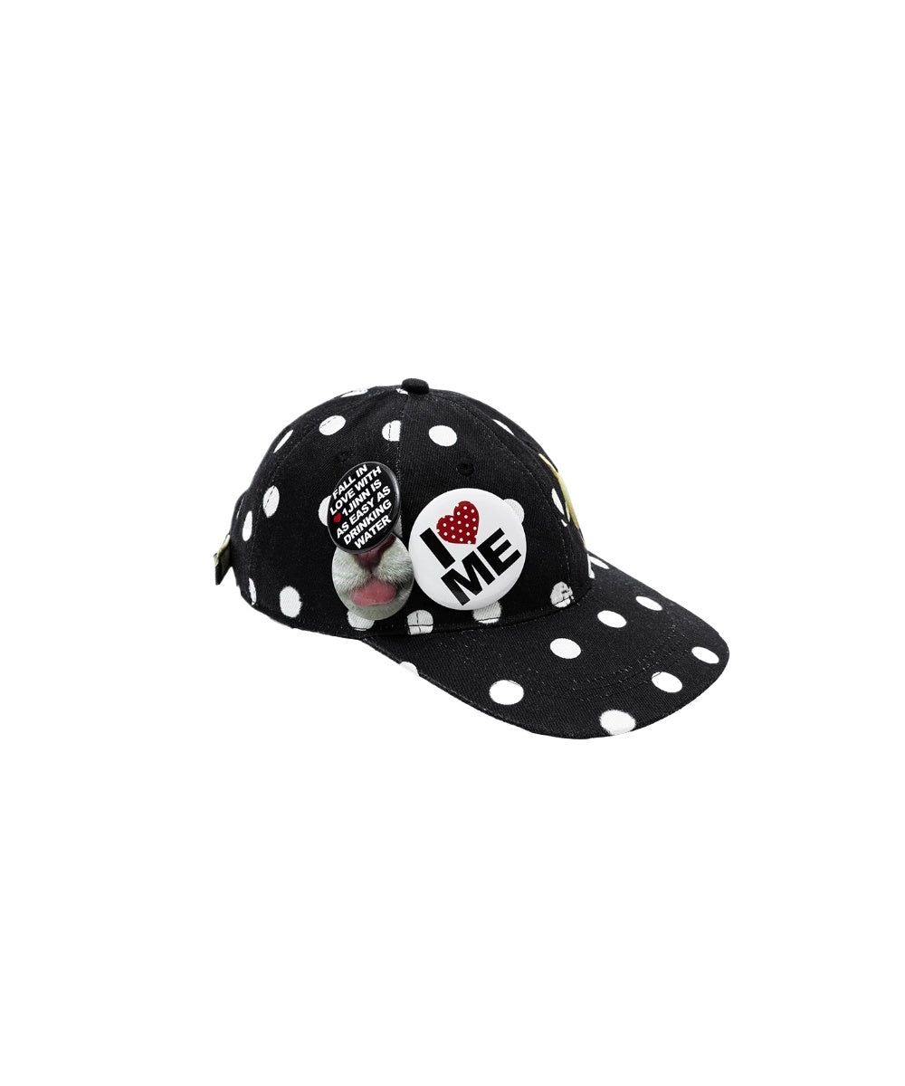 Badge-Embellished Black &amp; White Polka Dot Canvas Flat-Brim Baseball Cap - CHINASQUAD