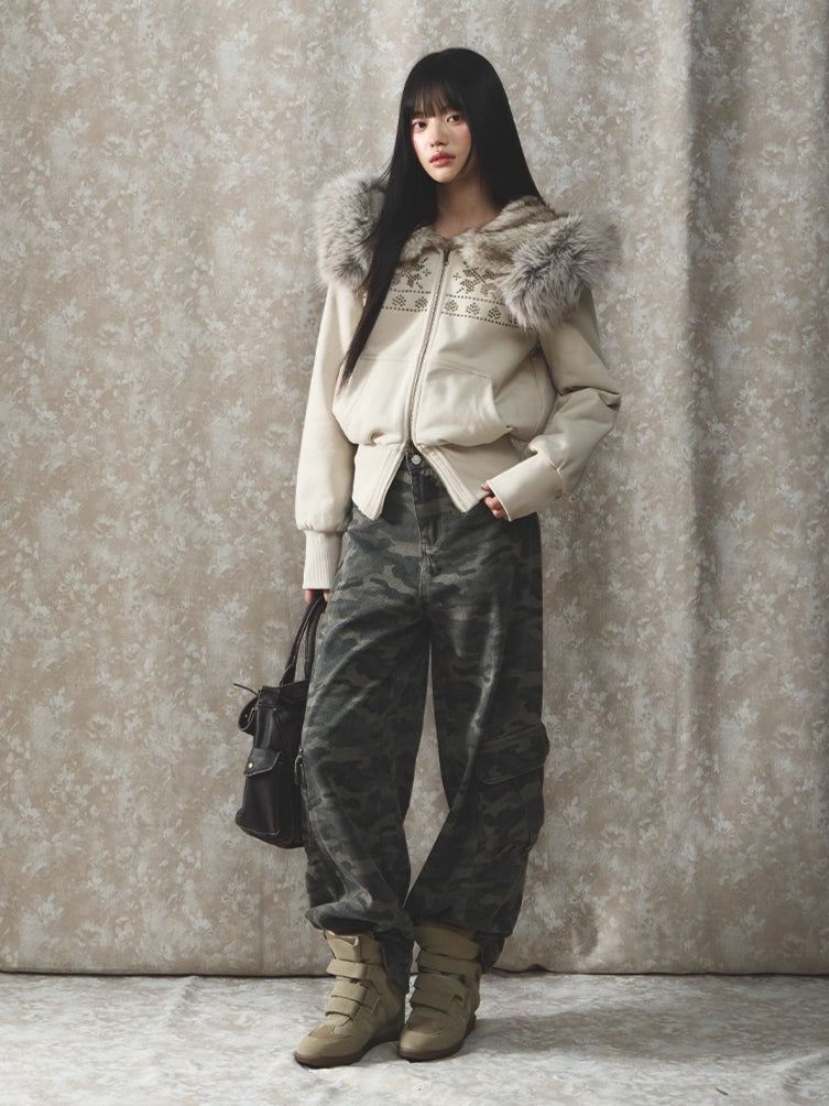 Vintage Rivet Embellished Fleece Hoodie Jacket