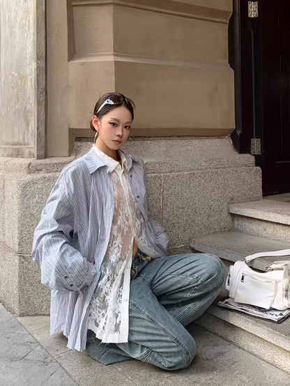 Asymmetric Pleated Stripe Cotton Shirt