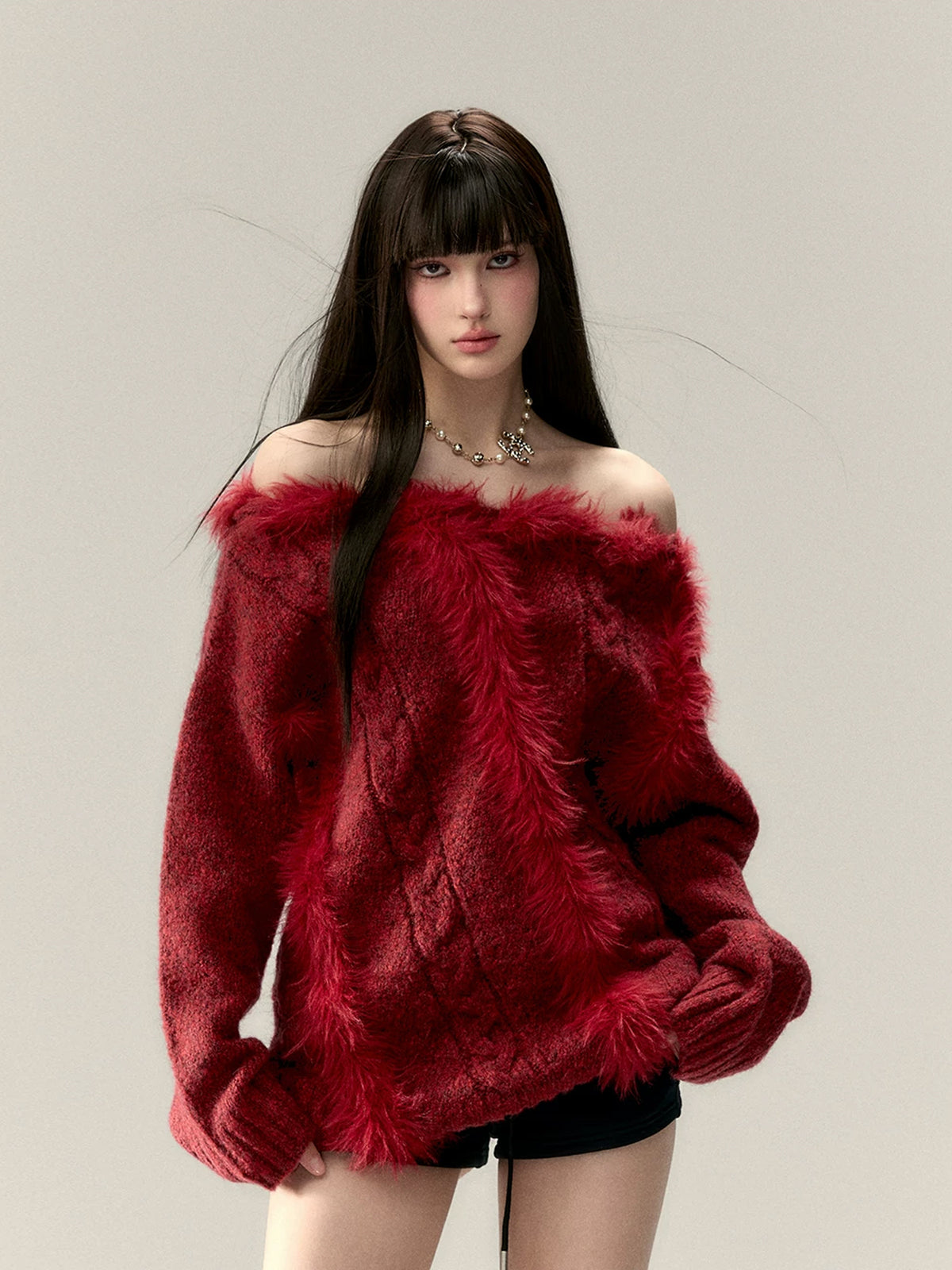 Red Asymmetric One-Shoulder Sweater