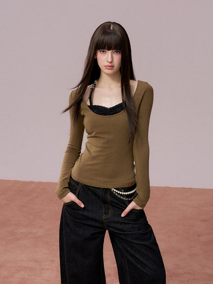 Brown Lace-Panel Contrast T-Shirt