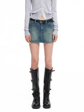 Washed Denim Twill Leather Patchwork Mini Skirt - CHINASQUAD