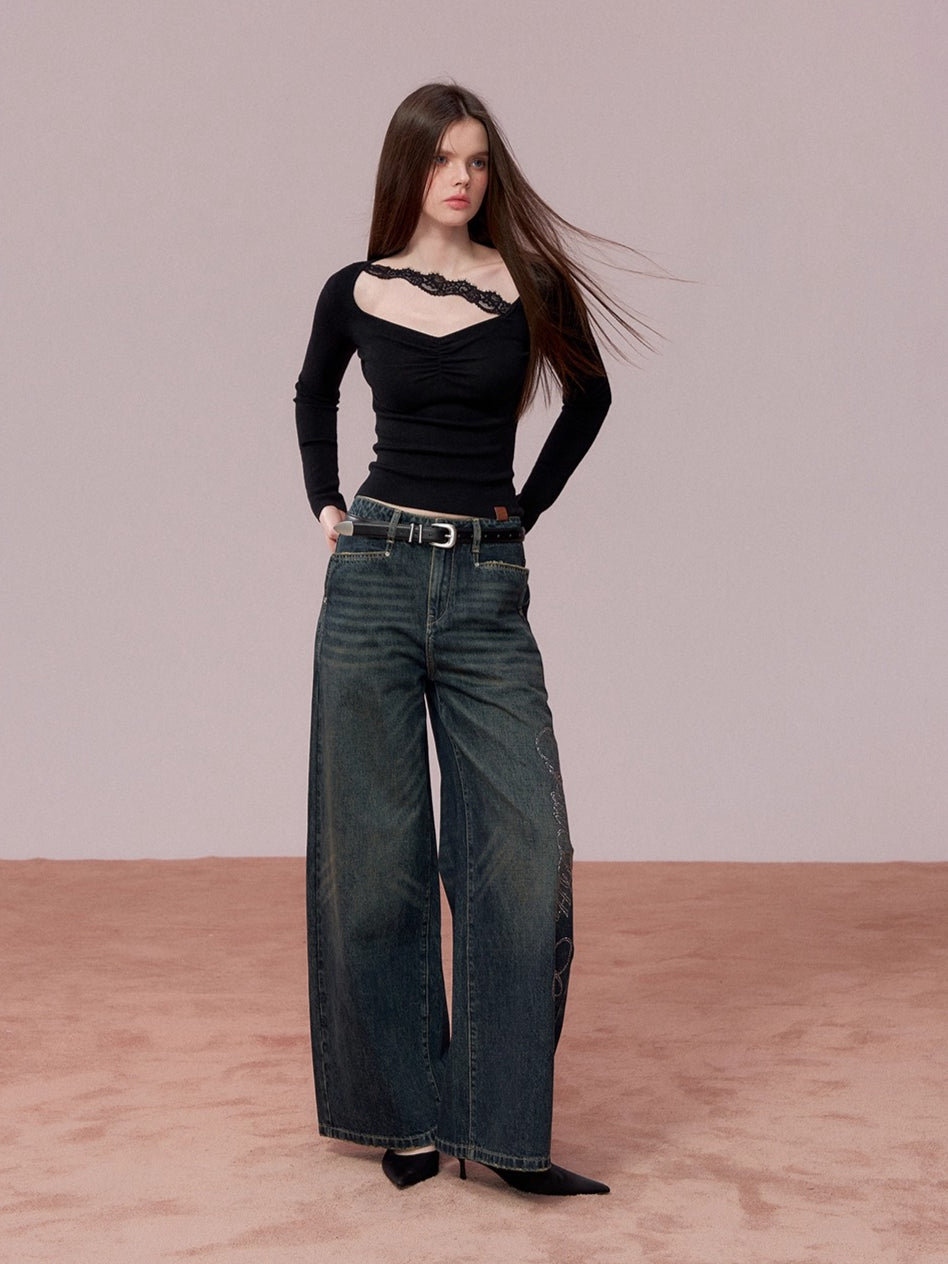 Ruched Lace-Trim Fitted Knit T-Shirt