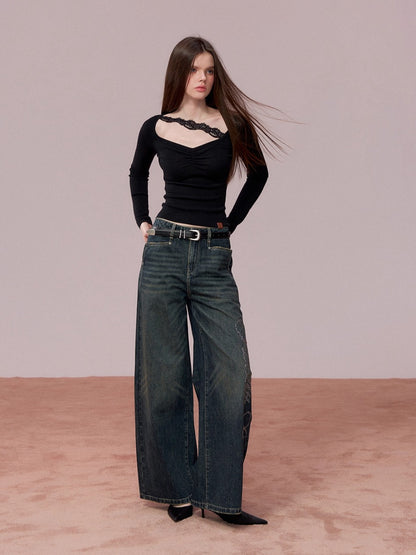 Ruched Lace-Trim Fitted Knit T-Shirt