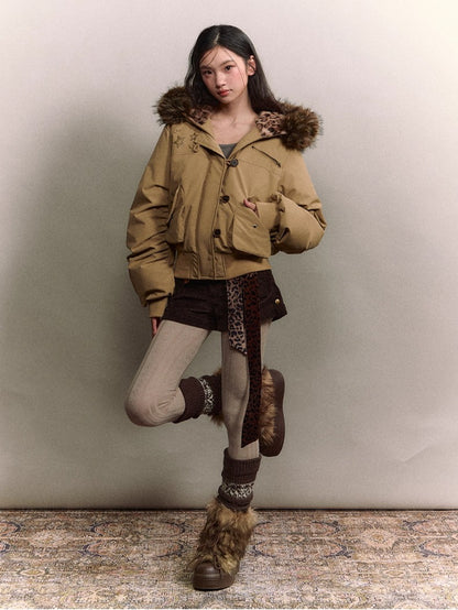 Studded Faux Fur Collar Bomber Down Jacket
