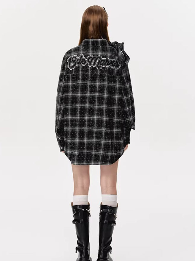 Vintage Plaid Crystal Bear Mid-Length Shirt