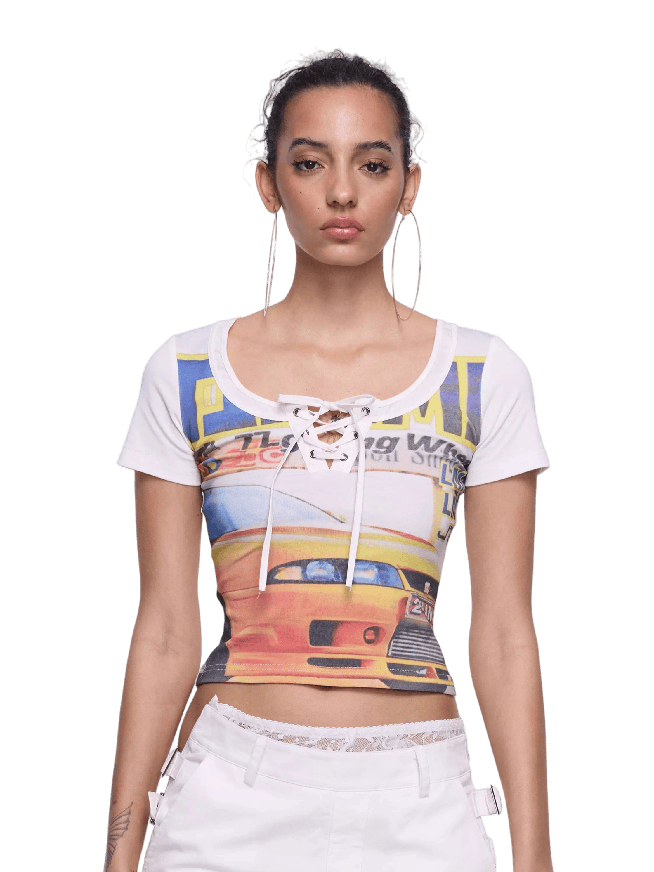 Retro Racing Print Layered-Look Patchwork T-Shirt