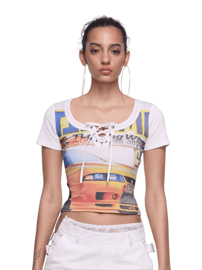 Retro Racing Print Layered-Look Patchwork T-Shirt
