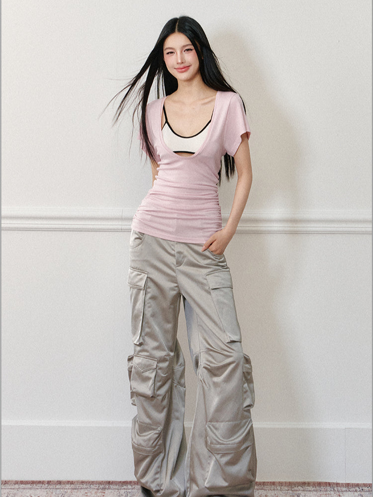 Color-Block Real Two-Piece U-Neck T-Shirt