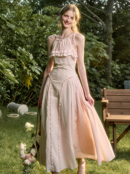 Washed Cotton Halter Long Dress - CHINASQUAD