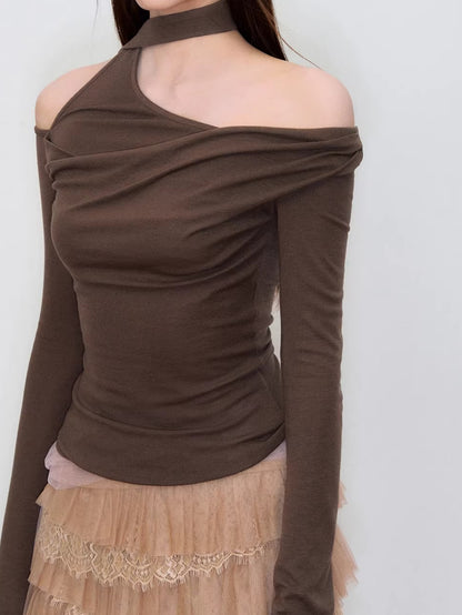 Asymmetric Off-Shoulder Knit T-Shirt