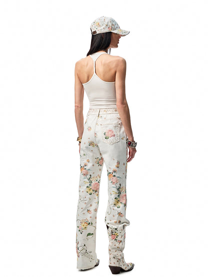 Floral Print Canvas Straight-leg Trousers