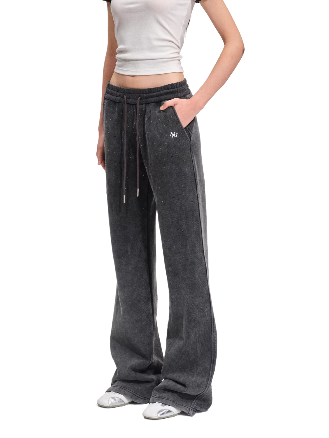 Crystal-Embellished Vintage Wash Cotton Straight-Leg Trousers