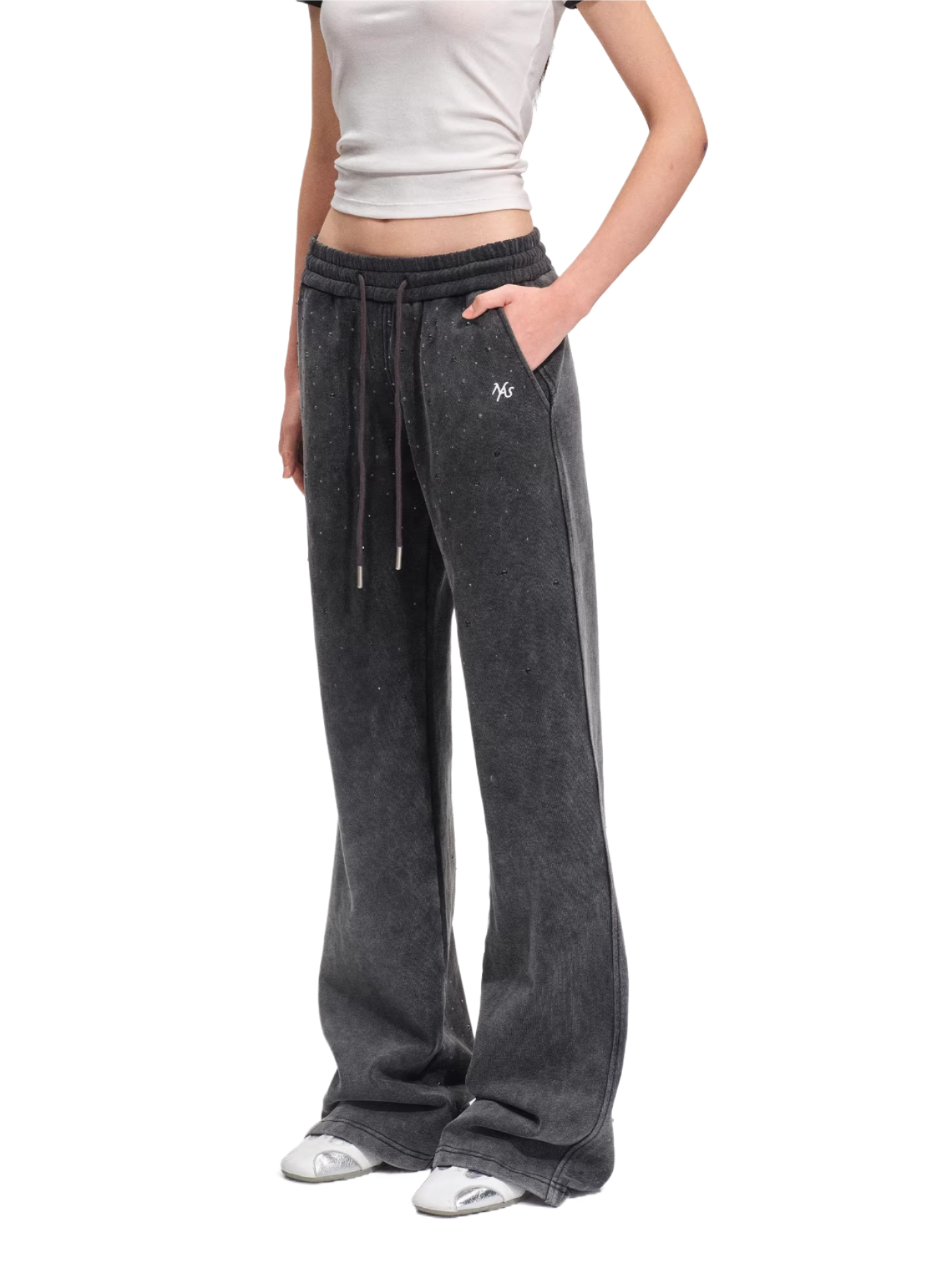 Crystal-Embellished Vintage Wash Cotton Straight-Leg Trousers
