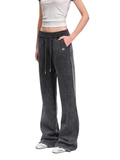 Crystal-Embellished Vintage Wash Cotton Straight-Leg Trousers