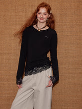 Lace-Paneled Round-Neck Long-Sleeve T-Shirt - CHINASQUAD