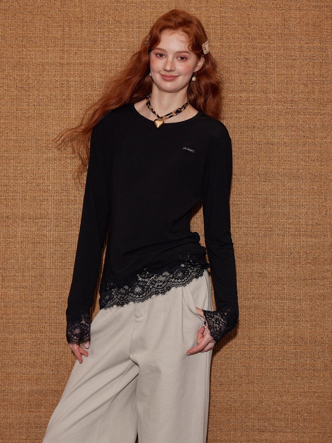 Lace-Paneled Round-Neck Long-Sleeve T-Shirt - CHINASQUAD